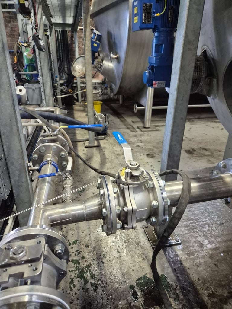 Industrial pump and piping system with stainless steel components and blue motor equipment in a manufacturing facility